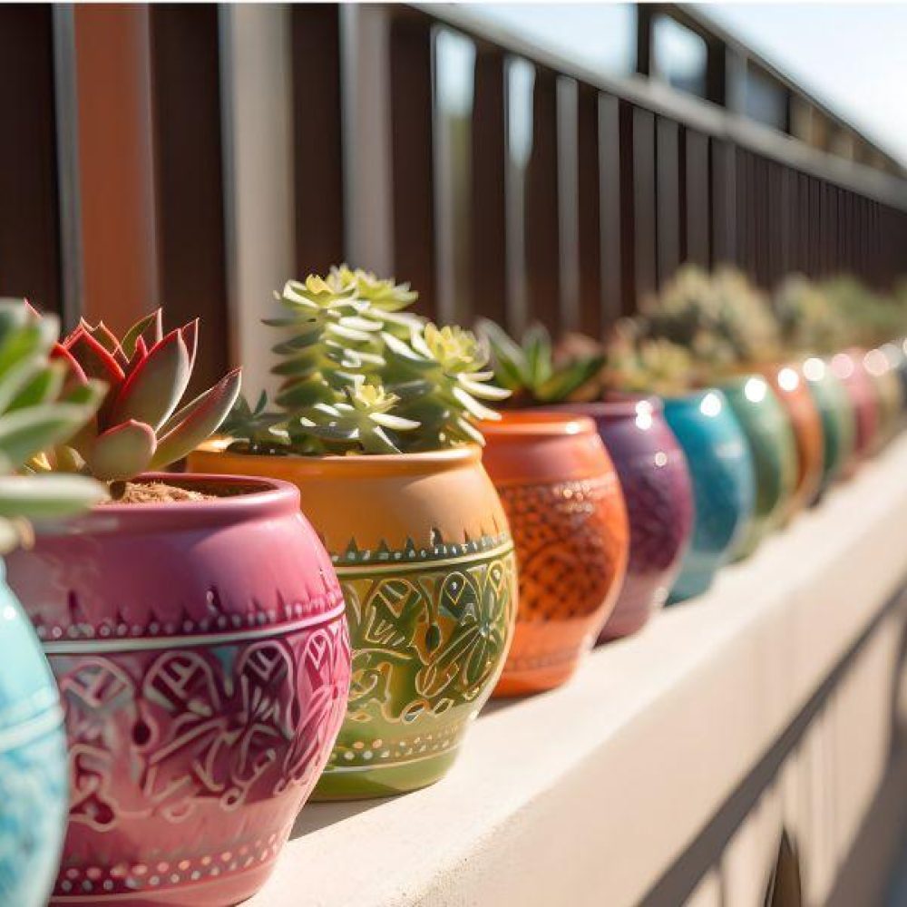 If space is limited, a selection of colourful pots with succulent plants creates interest and needs very little maintenance Potted succulents